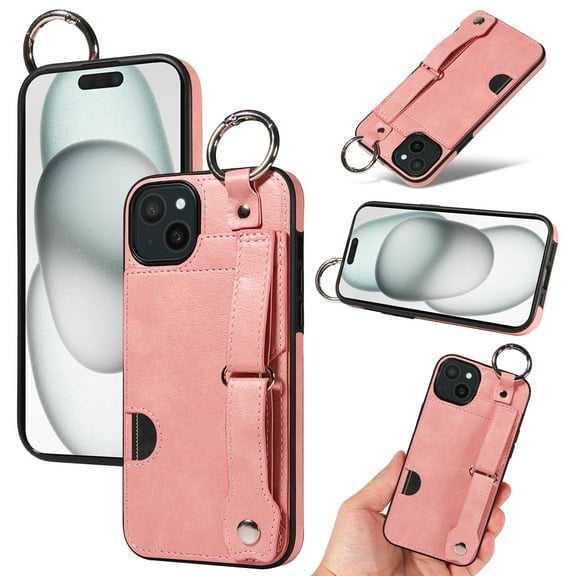 for iPhone 14 Wallet Case with Card Holder, Hand Wrist Strap Loop Holder Kickstand, Finger Grip Ring PU Leather Double Buttons Shockproof Soft TPU Cover for iPhone 14, Pink