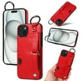 thumbnail image 1 of for iPhone 14 Wallet Case with Card Holder, Hand Wrist Strap Loop Holder Kickstand, Finger Grip Ring PU Leather Double Buttons Shockproof Soft TPU Cover for iPhone 14, Red, 1 of 10