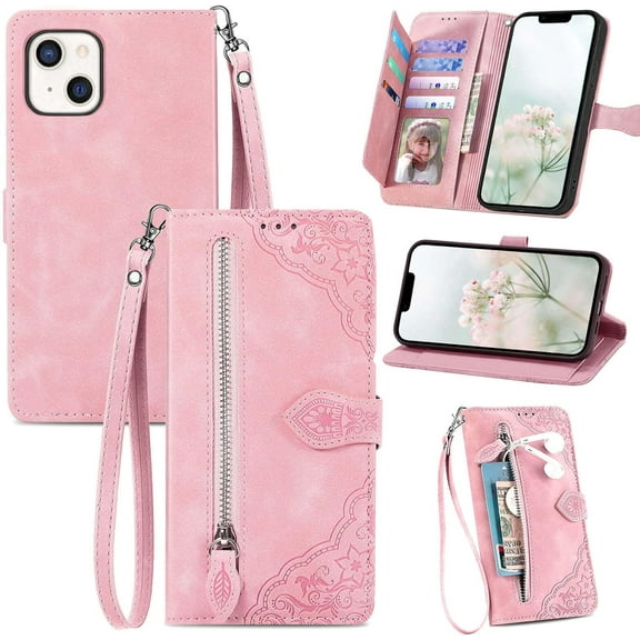 for iPhone 14 Wallet Case with Card Holder for Women,Cute Flip Wallet Case with Zipper Pocket Flower Emboss PU Leather Card Slots Strap Protective Phone Cover for iPhone 14 (Rose Gold)