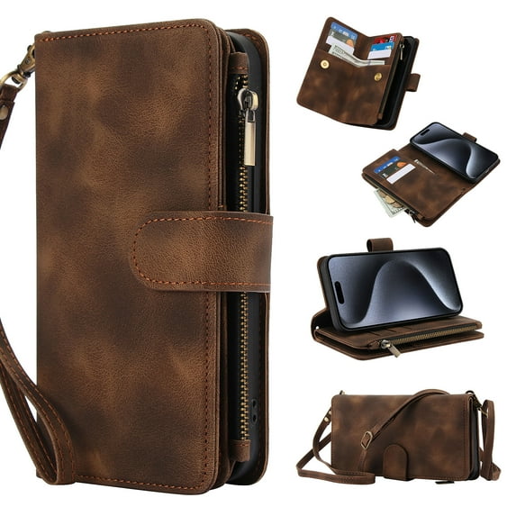 for iPhone 14 Wallet Case with Card Holder for Women Men, Phone Case RFID Blocking PU Leather Flip Shockproof Cover with Shoulder + Wrist Strap Zipper Credit Card Slots Stand, Brown