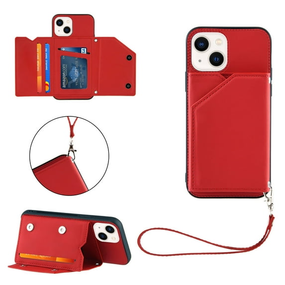 for iPhone 14 Wallet Case with Card Holder, for iPhone 14 Case with RFID Blocking Card Slots, Double Magnetic Clasp Durable Shockproof Kickstand Detachable Wrist Strap Cover,Red