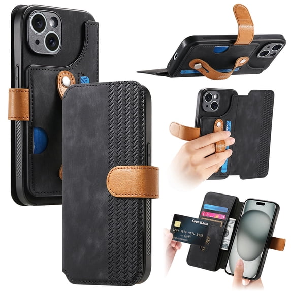 for iPhone 14 Wallet Case with Card Slots & Cash Slot【RFID Blocking】, With Wrist Kickstand,Flip Folio Book PU Leather Shockproof Anti-fall Rugged Phone case Cover For Women Men,Black