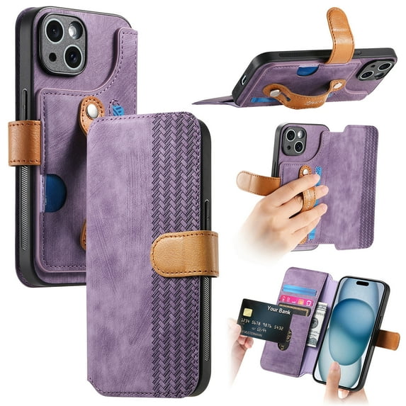 for iPhone 14 Wallet Case with Card Slots & Cash Slot【RFID Blocking】, With Wrist Kickstand,Flip Folio Book PU Leather Shockproof Anti-fall Rugged Phone case Cover For Women Men,Purple