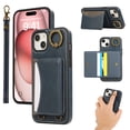 thumbnail image 1 of for iPhone 14 Wallet Case with Card Slots, Hand Wrist Strap Rotate Ring Design, Finger Grip Ring PU Leather Magnetic Button Shockproof Purse Phone Cover for iPhone 14, Blue, 1 of 6