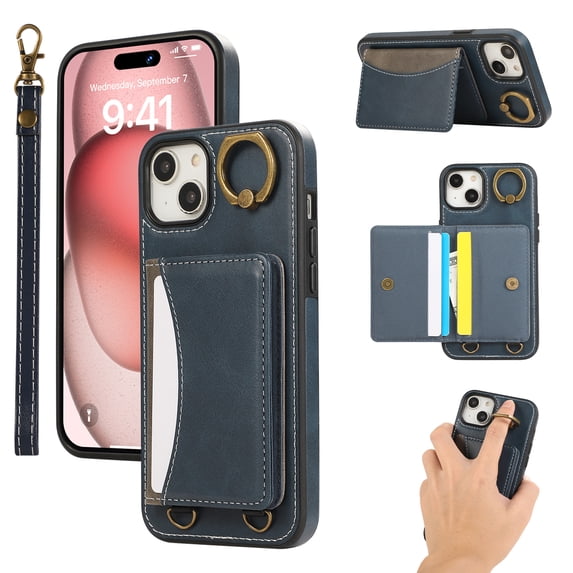 for iPhone 14 Wallet Case with Card Slots, Hand Wrist Strap Rotate Ring Design, Finger Grip Ring PU Leather Magnetic Button Shockproof Purse Phone Cover for iPhone 14, Blue