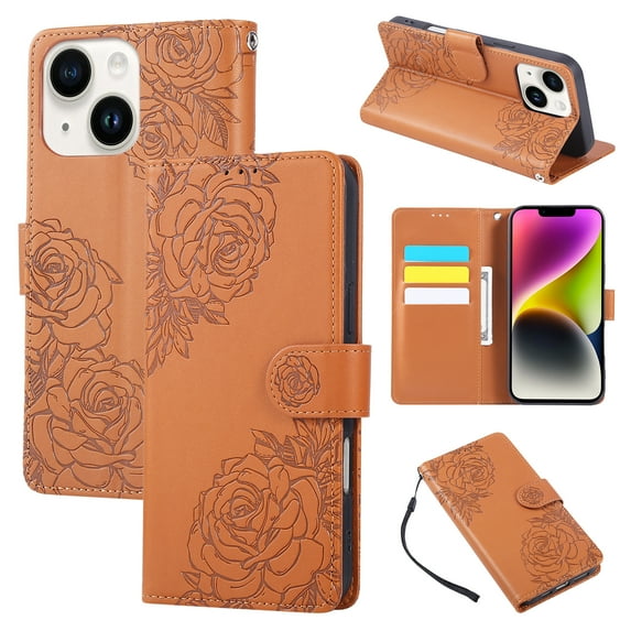 for iPhone 14 Wallet Case with Credit Card Holder, Flower Pattern Flip PU Leather Stand Shockproof Protective Phone Cover for iPhone 14 Magnetic Clasp Purse Case, Brown