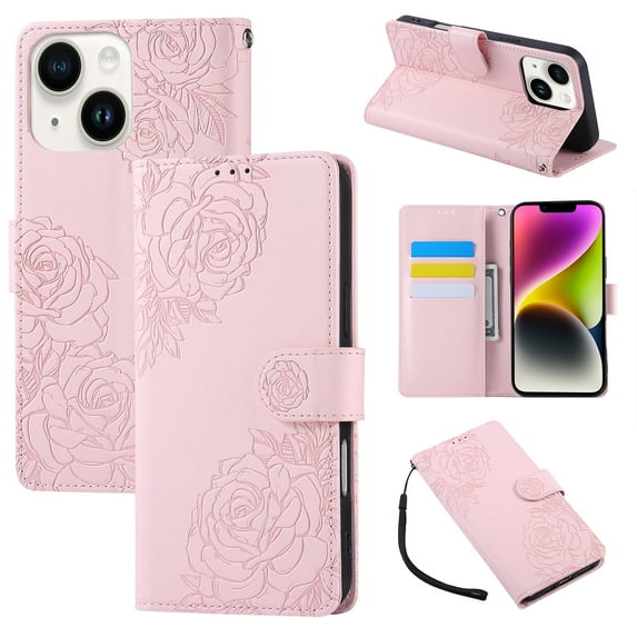 for iPhone 14 Wallet Case with Credit Card Holder, Flower Pattern Flip PU Leather Stand Shockproof Protective Phone Cover for iPhone 14 Magnetic Clasp Purse Case, Rosegold