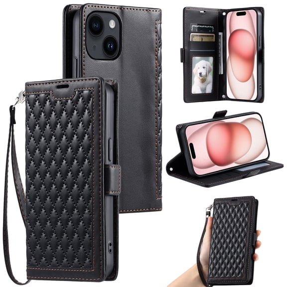For iPhone 14 Wallet Case,Crossbody Strap Diamond Patterned PU Leather Flip Cover with RFID Blcoking Card Slots Cash Pocket Wrist Strap Kickstand Phone Case for Women Girls,Black