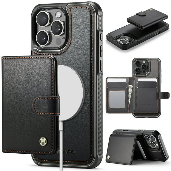 for iPhone 14 Wallet Case with Detachable Magnetic Card Holder, PU Leather + TPU, RFID Blocking Kickstand 2-in-1 Shockproof Drop Protective Phone Case with Magnetic Buckle, Black