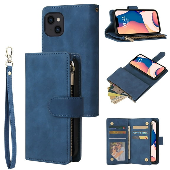 iPhone 14 Wallet Case, Dteck Soft Leather Zipper Wallet Case Magnetic Buckle Flip Cover with 5 Card Slots/Photo Pocks/Lanyard Strap for Apple iPhone 14 6.1 inch 2022,Blue