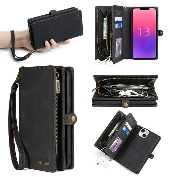 for iPhone 14 Wallet Case, Durable PU Leather 2-in-1 Detachable Magnetic Flip Phone Case for iPhone 14 Case Wallet with Card Holder Slots Zipper Pouch for Women Men, Black