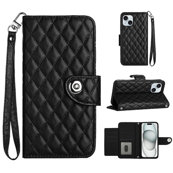 for iPhone 14 Wallet Case, Elegant Card Holder Cash Slot PU Leather Kickstand Wrist Strap Shockproof Protective Flip Women Girls Case Cover for iPhone 14, Black