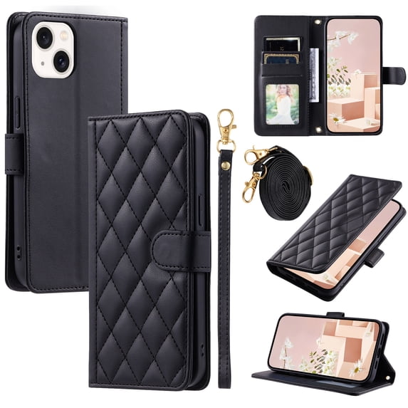 for iPhone 14 Wallet Case, Elegant PU Leather Shoulder Strap & Wrist Strap Kickstand Card Slots Magnetic Closure Full Body Protection Phone Case for iPhone 14, Black