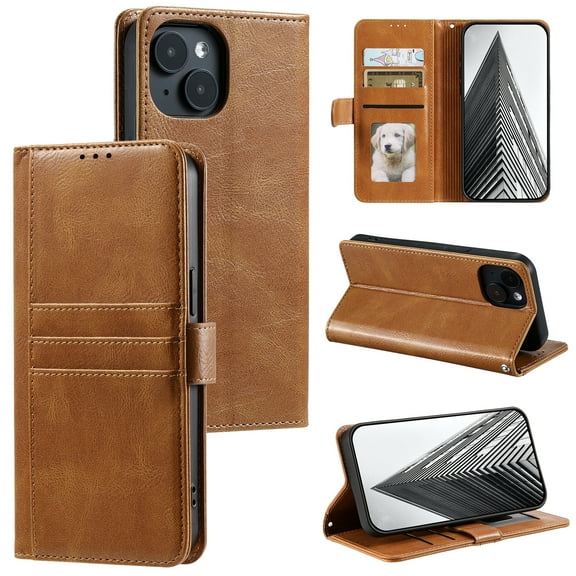 For iPhone 14 Wallet Case, Phone case Premium PU Leather Flip Folio Protective Cover RFID Blocking Strap 6 pockets Credit Card Slots & Wrist Strap,for Women Men Phone Cover,Brown