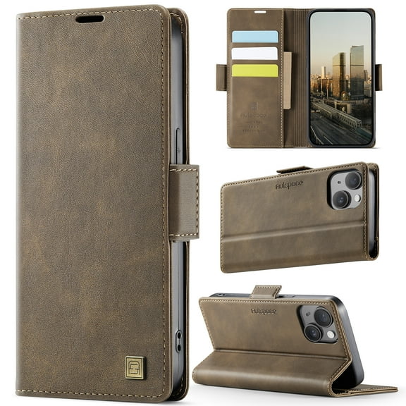 for iPhone 14 Wallet Case with RFID Blocking, 3 Card Slots & Cash Pocket, Kickstand PU Leather Magnetic Closure Full Body Protective Flip Cover, Classic Design for Men and Women, Coffee