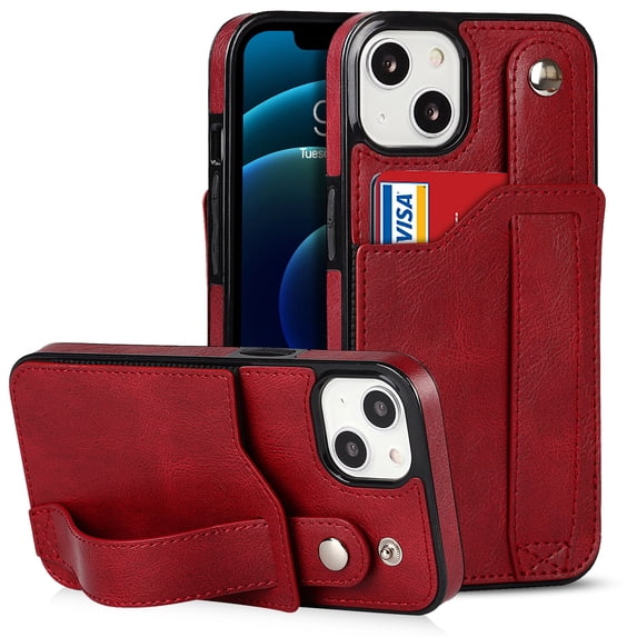 for iPhone 14 Wallet Case with RFID Blocking Card Holder, Hand Wrist Strap Kickstand, Premium PU Leather Shockproof Anti-Scratch Heavy Duty Protection Back Cover Men Women, Red