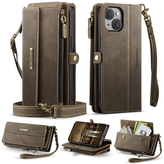 for iPhone 14 Wallet Case with RFID Blocking Card Slots Zipper Pocket, PU Leather Kickstand Full Body Rugged Protection Shoulder & Wrist Strap Heavy Duty Shockproof Cover, Coffee