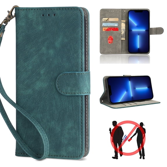for iPhone 14 Wallet Case with RFID Blocking Credit Card Holder, PU Leather Wrist Strap Flip Kickstand Shockproof Cover Women Men for iPhone 14, Green