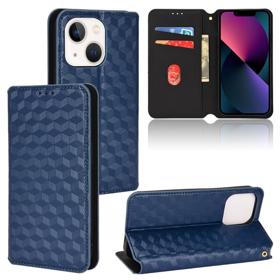 For iPhone 14 Wallet Case with RFID Blocking ID Credit Card Holder, Luxury Diamond Patterned Shiny PU Leather Magnetic Folio Book Flip Kickstand Shockproof Phone Case, Blue