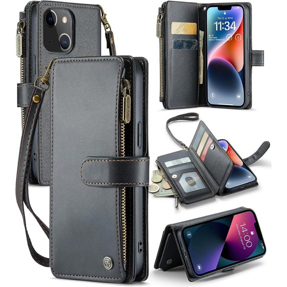 for iPhone 14 Wallet Case with RFID Blocking, Phone Case for iPhone 14 with Card Holder for Women Men, Durable Kickstand Zipper Shockproof Case for iPhone 14, Black