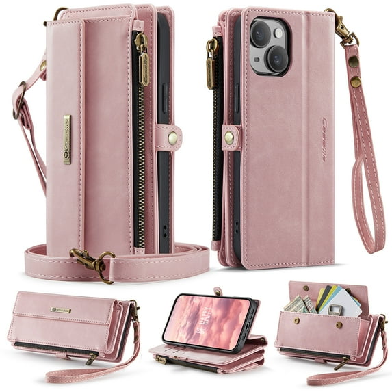 for iPhone 14 Wallet Case with RFID Blocking, Zipper Pocket Kickstand Magnetic Clasp, PU Leather Heavy Duty Cover with Shoulder and Wrist Strap – Rugged Full-Body Protection, Pink