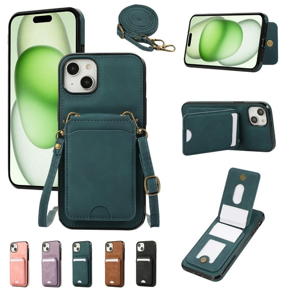 for iPhone 14 Wallet Case with Shoulder Lanyard Strap, Crossbody Phone Case with Card Holder Slots for Women Girls, Luxury PU Leather Flip Stand Purse Cover Shockproof Case, Green