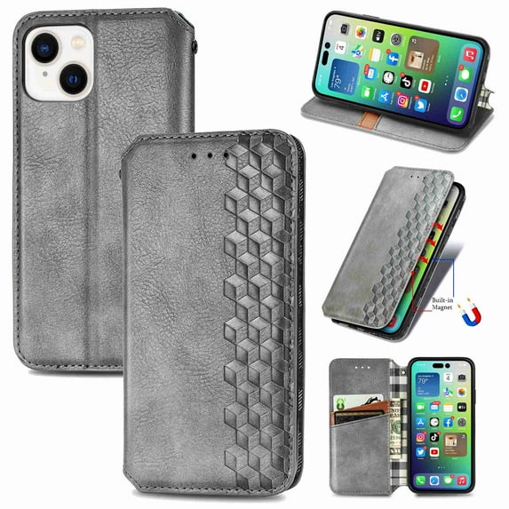 for iPhone 14 Wallet Case, Vintage PU Leather Flip Case with Card Holder Kickstand Hidden Magnet Folio Case Book Cover Compatible with iPhone 14 - Gray