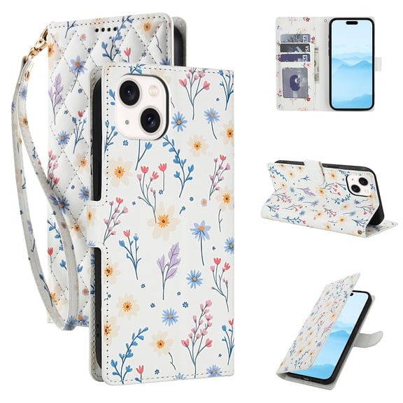 for iPhone 14 Wallet Case Women Girls, Cute Floral Pattern PU Leather Flip Phone Cover with Card Holder, Kickstand, Wrist Strap, Protective Purse Case for iPhone 14, Pattern-E