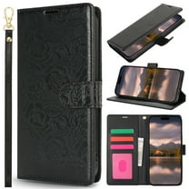 for iPhone 14 Wallet Case for Women Girls, PU Leather Flower Pattern, Card Slots Kickstand Wrist Strap Drop Protective TPU Back Cover with Magnetic Clasp for iPhone 14, Black