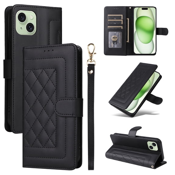 for iPhone 14 Wallet Flip Case, Classic PU Leather Card Slots with Lanyard Magnetic Closure Kickstand Drop Protective Soft TPU Inner Phone Case Cover for iPhone 14, Black