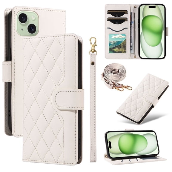 For iPhone 14 Wallet Grid Texture Magnetic Flip Cover Card Holder & Bills Slot, Soft PU Leather Magnetic For Women Wallet Case With Detachable Shoulder Strap And Wrist Strap,White,For iPhone 14