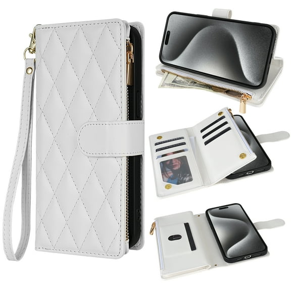 for iPhone 14 Wallet Phone case with Card Holder,Kickstand RFID Blocking PU Leather Flip Shockproof Phone Cover with Hand Strap Zipper Credit Card Holder Slots for Women Men,White