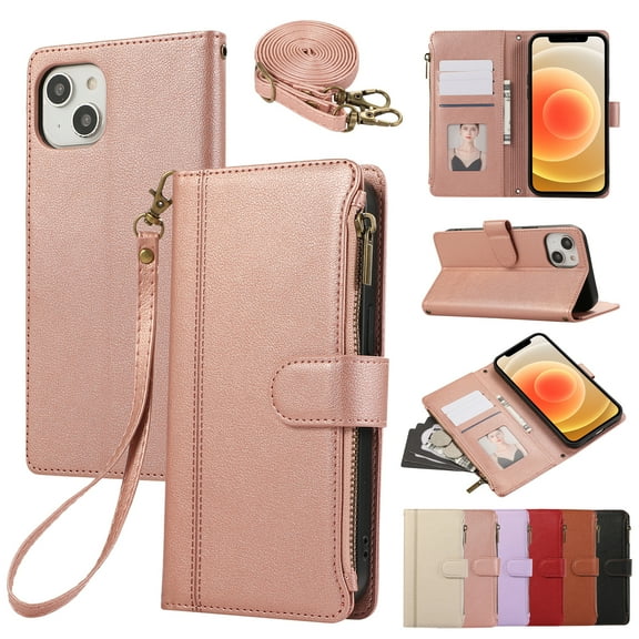for iPhone 14 Wallet case with Card Holder for Women Men,Phone case RFID Blocking PU Leather Flip Cover with Strap Zipper Credit Card Slots,Kickstand,With Wrist Strap,Rosegold