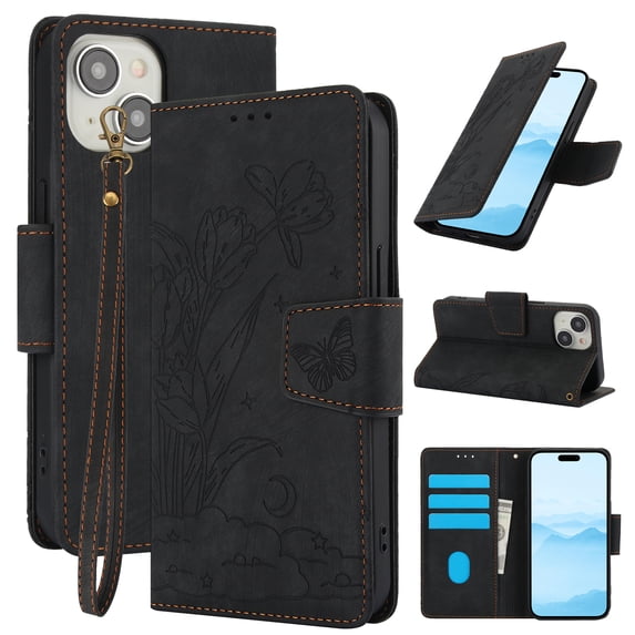 for iPhone 14 Wallet case with RFID Blocking Credit Card Holder,Flip PU Leather Emboss Butterfly Flower Shockproof Protective Cover Women Men for iPhone 14 Phone case,Black
