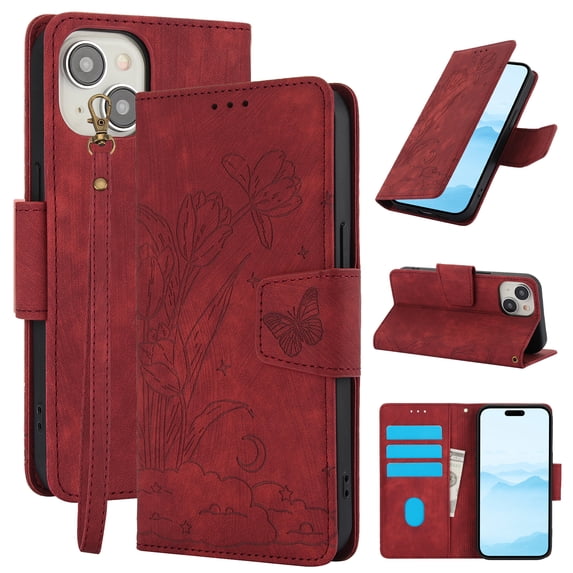 for iPhone 14 Wallet case with RFID Blocking Credit Card Holder,Flip PU Leather Emboss Butterfly Flower Shockproof Protective Cover Women Men for iPhone 14 Phone case,Red