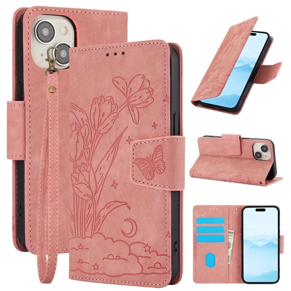 for iPhone 14 Wallet case with RFID Blocking Credit Card Holder,Flip PU Leather Emboss Butterfly Flower Shockproof Protective Cover Women Men for iPhone 14 Phone case,Pink