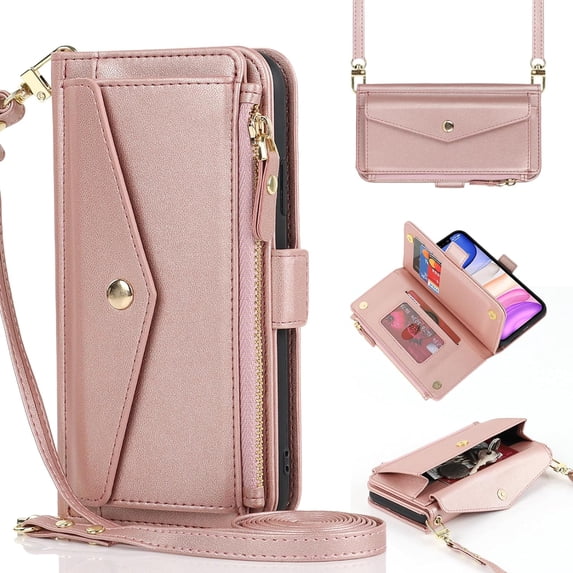 for iPhone 14 Wallet case,iPhone 14 Phone case with Zipper Card Holders for Women Slots Crossbody Flip Folio Book Cover with Credit Card Holder Men case - Rose Gold