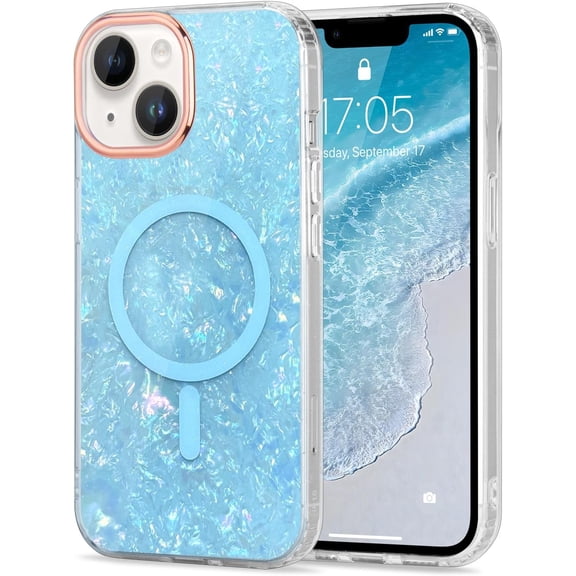 for iPhone 14 iPhone 13 6.1 Inch Cute Girly Women Case Compatible with Magsafe Slim Colorful Sparkle Seashell Pattern Translucent Cover Soft TPU Protective Magnetic Bumper Case, Blue
