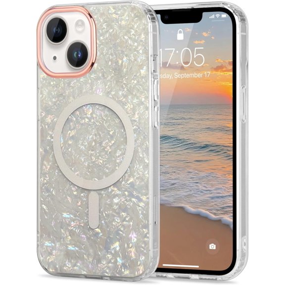 for iPhone 14 iPhone 13 6.1 Inch Cute Girly Women Case Compatible with Magsafe Slim Colorful Sparkle Seashell Pattern Translucent Cover Soft TPU Protective Magnetic Bumper Case, Grey