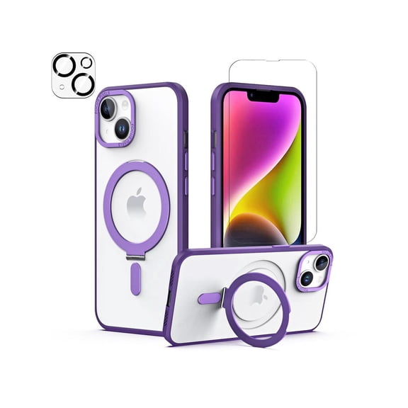 For iPhone 14 / iPhone 13 6.1 inch Case with Magnetic Invisible Stand [Compatible with Magsafe] Shockproof Slim Translucent Matte Cover [Tempered Glass Screen Protector + Camera Lens Protector]