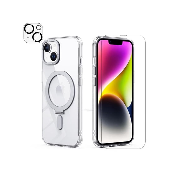 For iPhone 14 / iPhone 13 6.1 inch Case with Magnetic Invisible Stand [Compatible with Magsafe] Shockproof Slim Translucent Matte Cover [Tempered Glass Screen Protector + Camera Lens Protector]