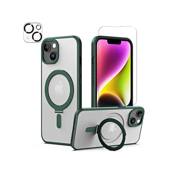 For iPhone 14 / iPhone 13 6.1 inch Case with Magnetic Invisible Stand [Compatible with Magsafe] Shockproof Slim Translucent Matte Cover [Tempered Glass Screen Protector + Camera Lens Protector]