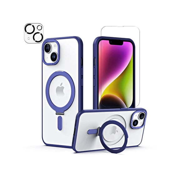 For iPhone 14 / iPhone 13 6.1 inch Case with Magnetic Invisible Stand [Compatible with Magsafe] Shockproof Slim Translucent Matte Cover [Tempered Glass Screen Protector + Camera Lens Protector]