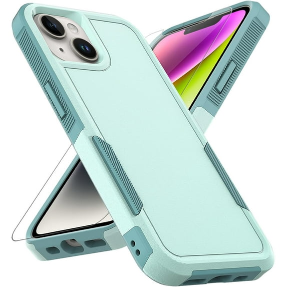 for iPhone 14 / iPhone 13 Case: Dual Layer Protective Heavy Duty Cell Phone Case Shockproof Rugged Bumper Tough with Screen Protector - 16FT Grade Drop Tested for iPhone 14 / iPhone 13, Green