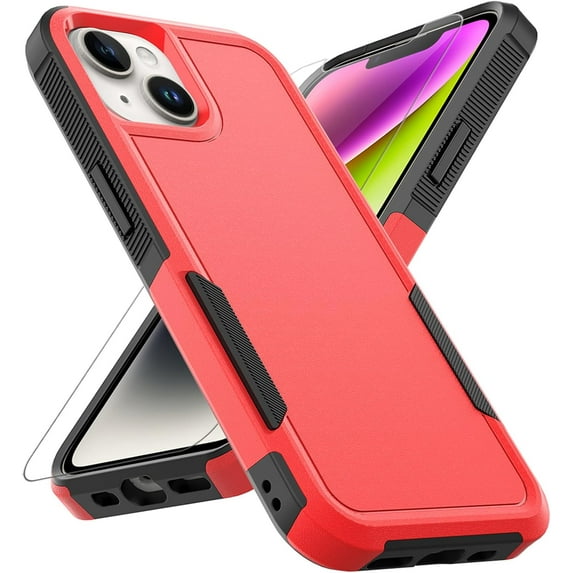 for iPhone 14 / iPhone 13 Case: Dual Layer Protective Heavy Duty Cell Phone Case Shockproof Rugged Bumper Tough with Screen Protector - 16FT Military Grade Drop Tested for iPhone 14 / iPhone 13, Red