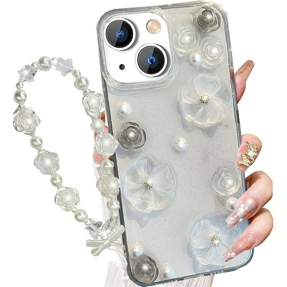 for iPhone 14/iPhone 13 Floral Clear Glitter Case,Cute 3D Flower Pearl Crystal Bling Sparkly Shiny with Wrist Strap Chain Soft TPU Aesthetic Women Girls Phone Case for iPhone 14/13 6.1",Clear
