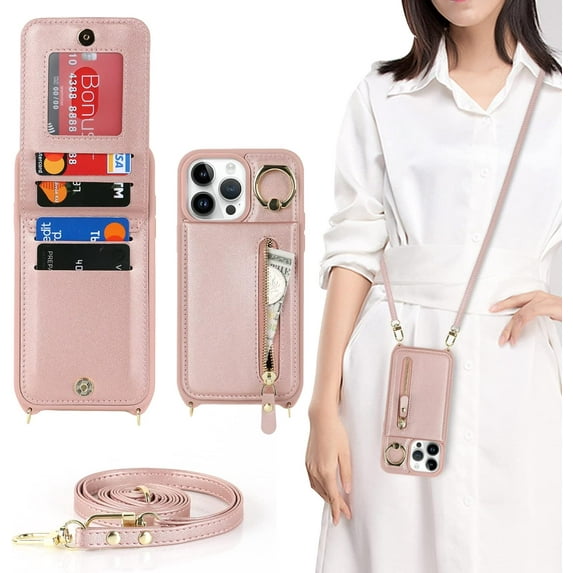 iPhone 14 pro Case with Card Holder for Women, iPhone 14 pro Phone Case Wallet with Strap Credit Card Slots Crossbody with Kickstand Zipper Shockproof Case for iPhone14pro - Rose Gold