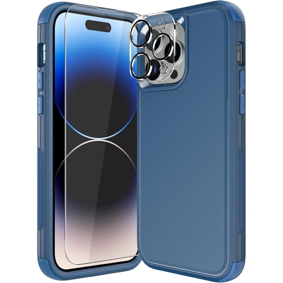 for iPhone 14 pro max Case [Shockproof] [Dropproof] [Tempered Glass Screen Protector + Camera Lens Protector],Heavy Duty Protection Phone Case Cover for Apple iPhone 14 pro max (Deep Blue)
