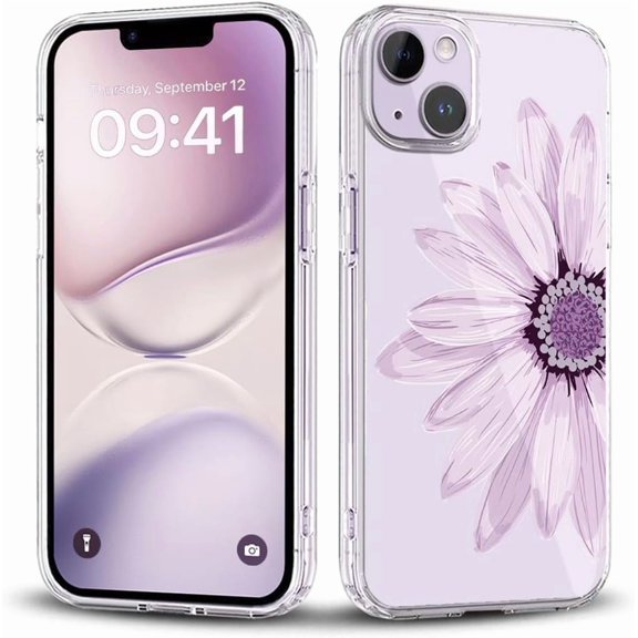 for iPhone 14Plus Cute Case with Purple Sunflower Design, for Girls Women Floral Shockproof Transparent Soft Bumper Hard Back Phone Cover (Prup-Flora 14Plus)