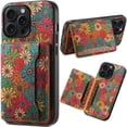 thumbnail image 1 of for iPhone 14Pro Cork Wood Phone Case, Retro Floral Colorful Flower Printing Magnetic Folio Flip ID/Credit Card Holder Slot Back Cover Bag, Kickstand Support, 1 of 7